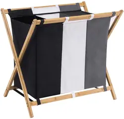 laundry organization and storage Foldable Bamboo 3 section laundry basket 3 compartments Hamper For Dirty Clothes Fabric Bags