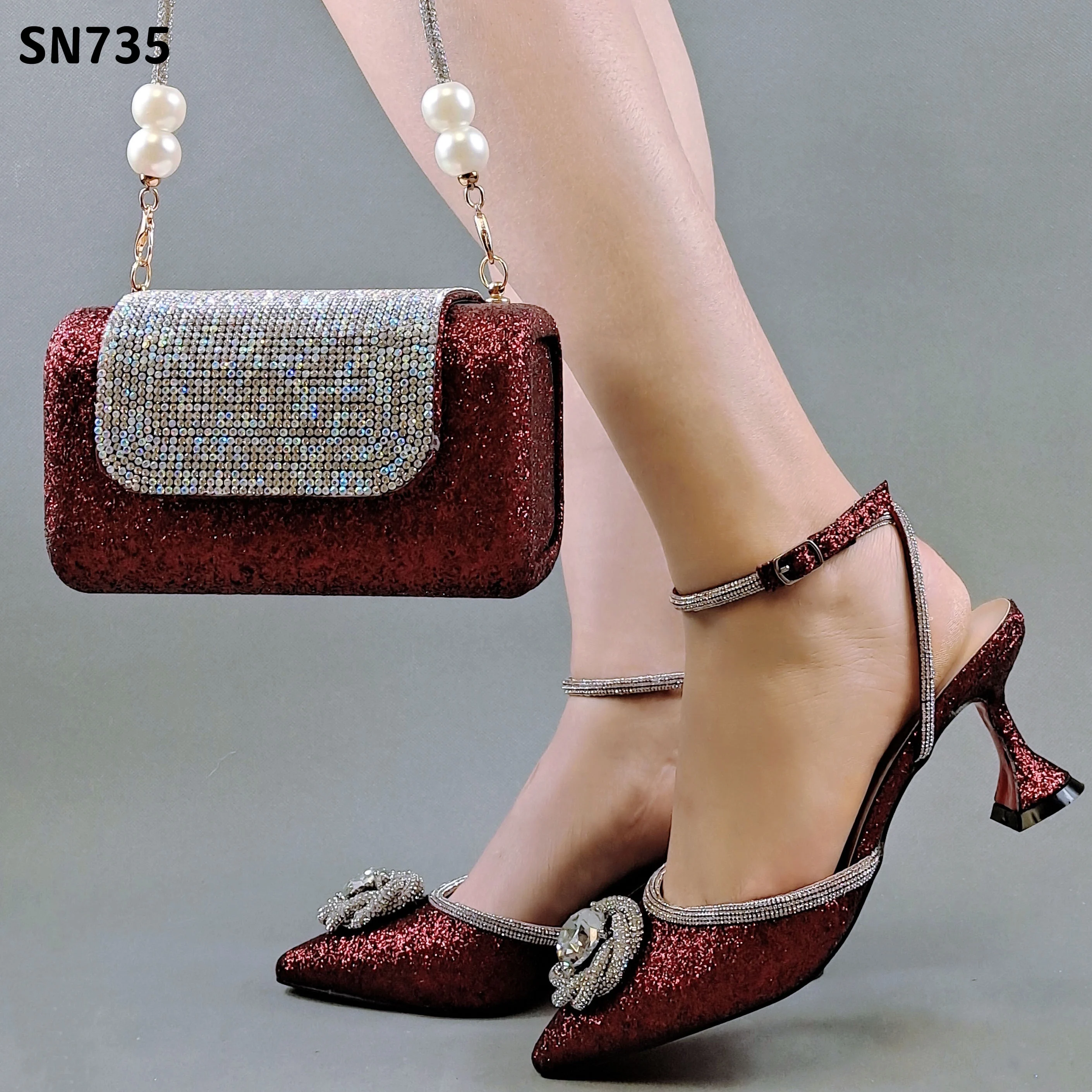 Полный Стразы блестящая одежда для вечеринки женские кожаные туфли с низким подъемом и сумочка в комплекте; Вина Дамская Свадебная обувь сумка комплекте набор класса люкс нигерийском стиле дизайн