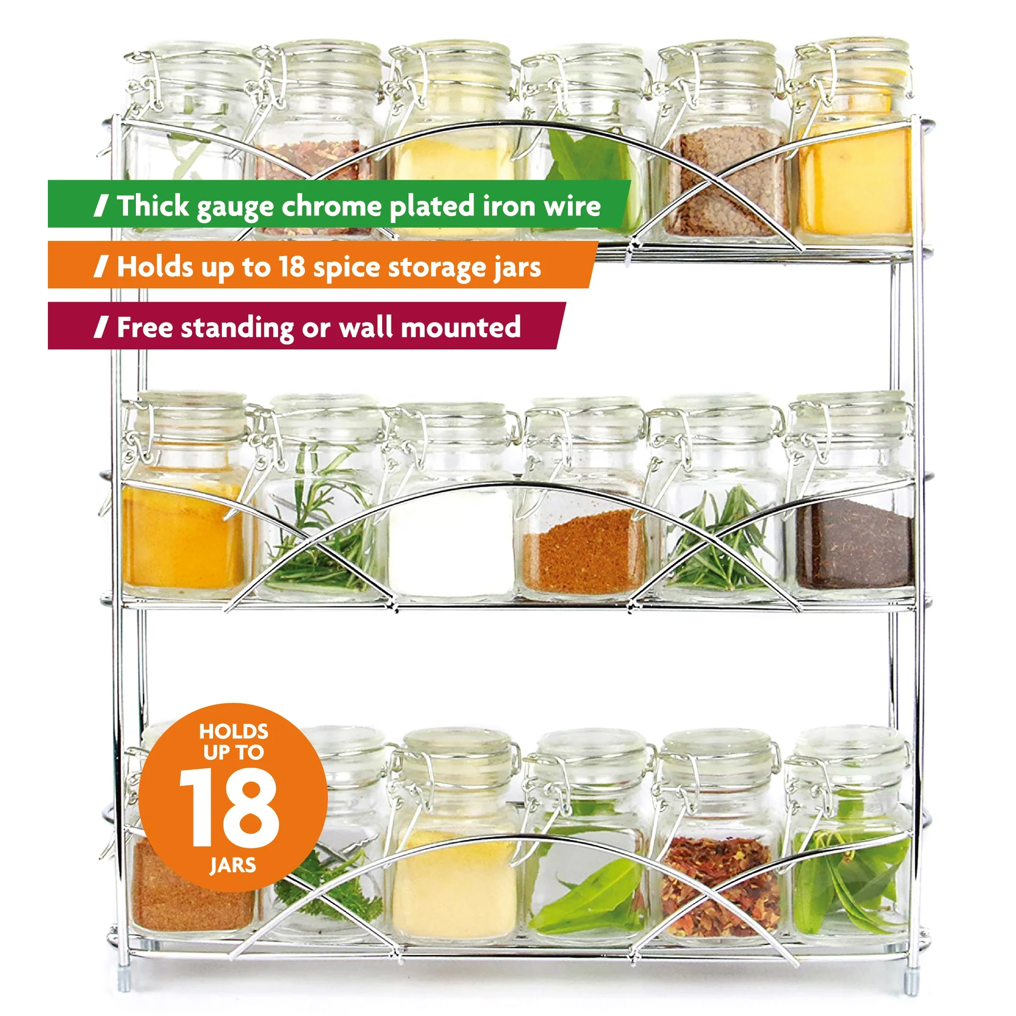 Spice Rack Herb Organis Free Standing or Wall Mounted 3 Tier Herbs and Spice Storage with Non-Slip Rubber Feet Chrome