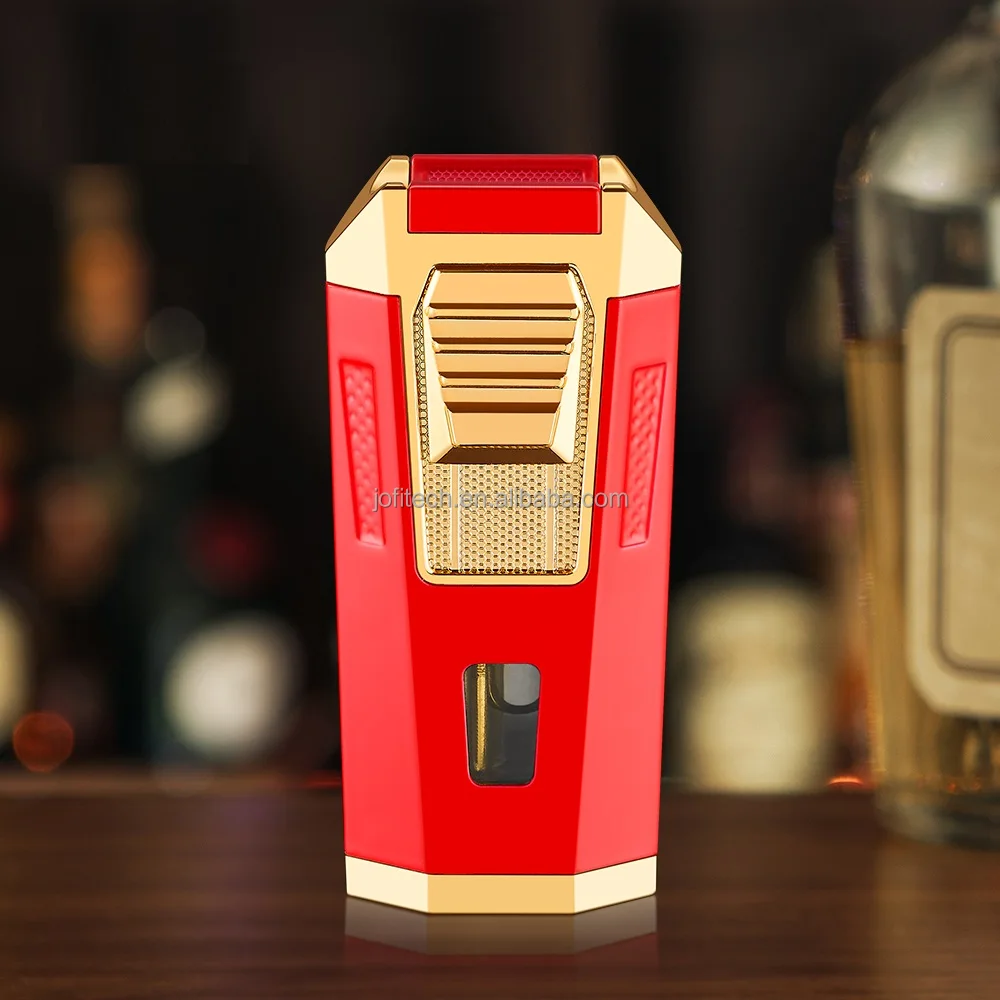Quality Classic Support Customize Logo Refillable Windproof Two Jets Flame Torch Cigar Lighter with Cigar Pucnch Cigar Holder