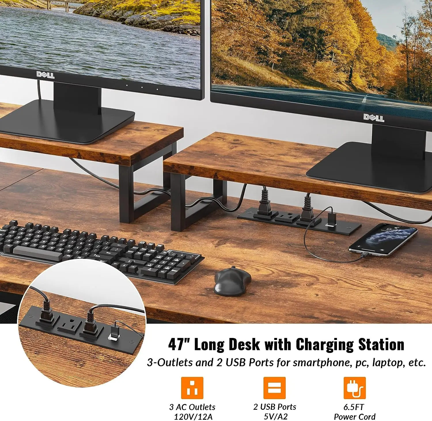 Computer Desk with Drawer and Power Outlets Office Desk Fabric File Cabinet Writing Gaming Table with Shelves Office