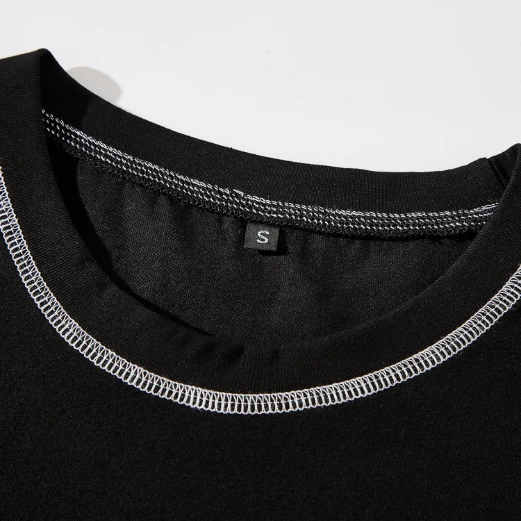 Wholesale cropped boxy oversize t shirt men plain black color white line outside white single stitch t shirt