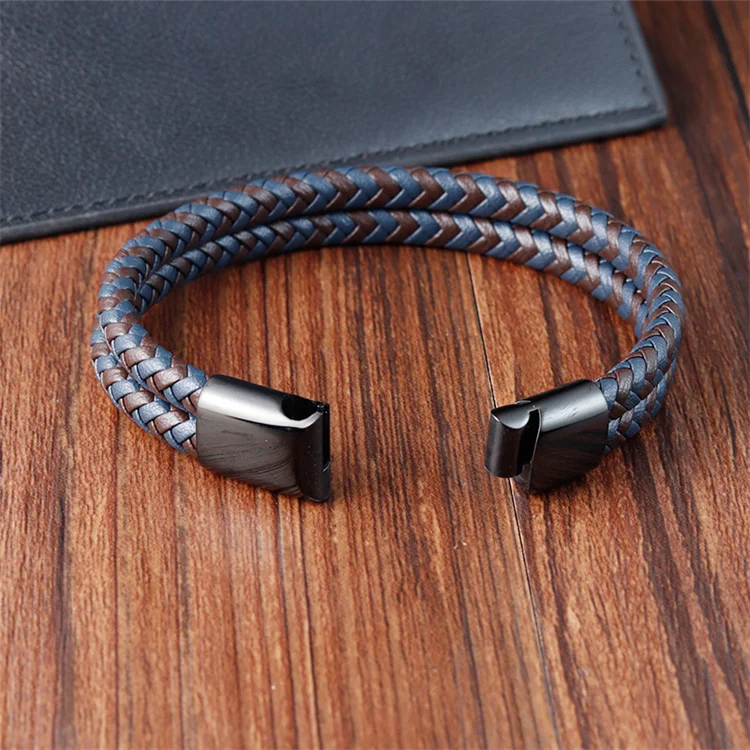 Fashion Double Layers Braided Wristband Bangle Custom Logo Stainless Steel Magnetic Buckles Colorful Genuine Leather Bracelets