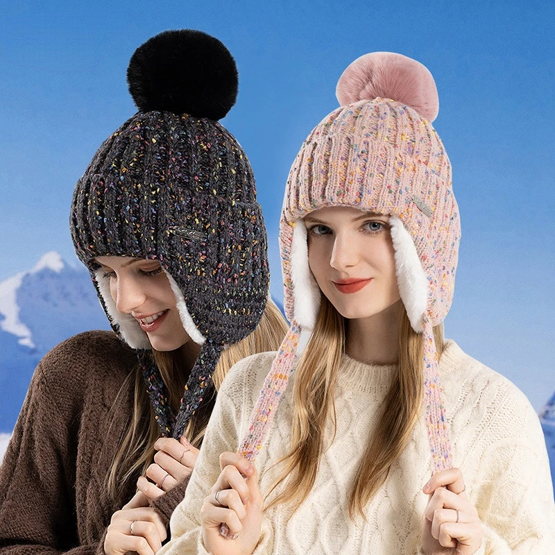 FF3068 Pom Pom Winter Warm Knit Russian Ushanka Trapper Hat Fleece Lined Ear Flaps Ski Snow Skull Cap Knitted Beanie Hats
