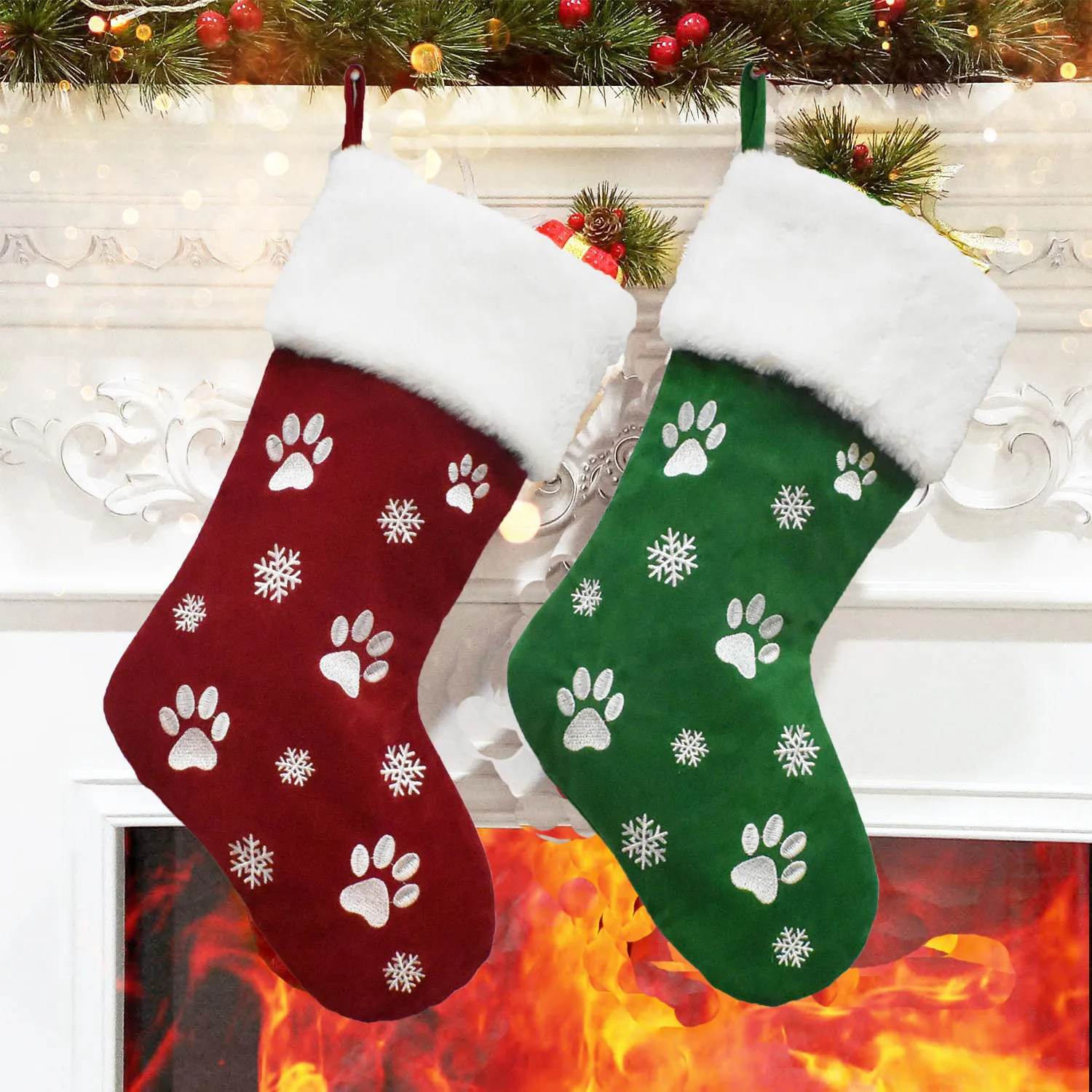 Christmas Stocking Personalized Red Green Stockings With Paw Prints Around Christmas Stocking Pet Paw