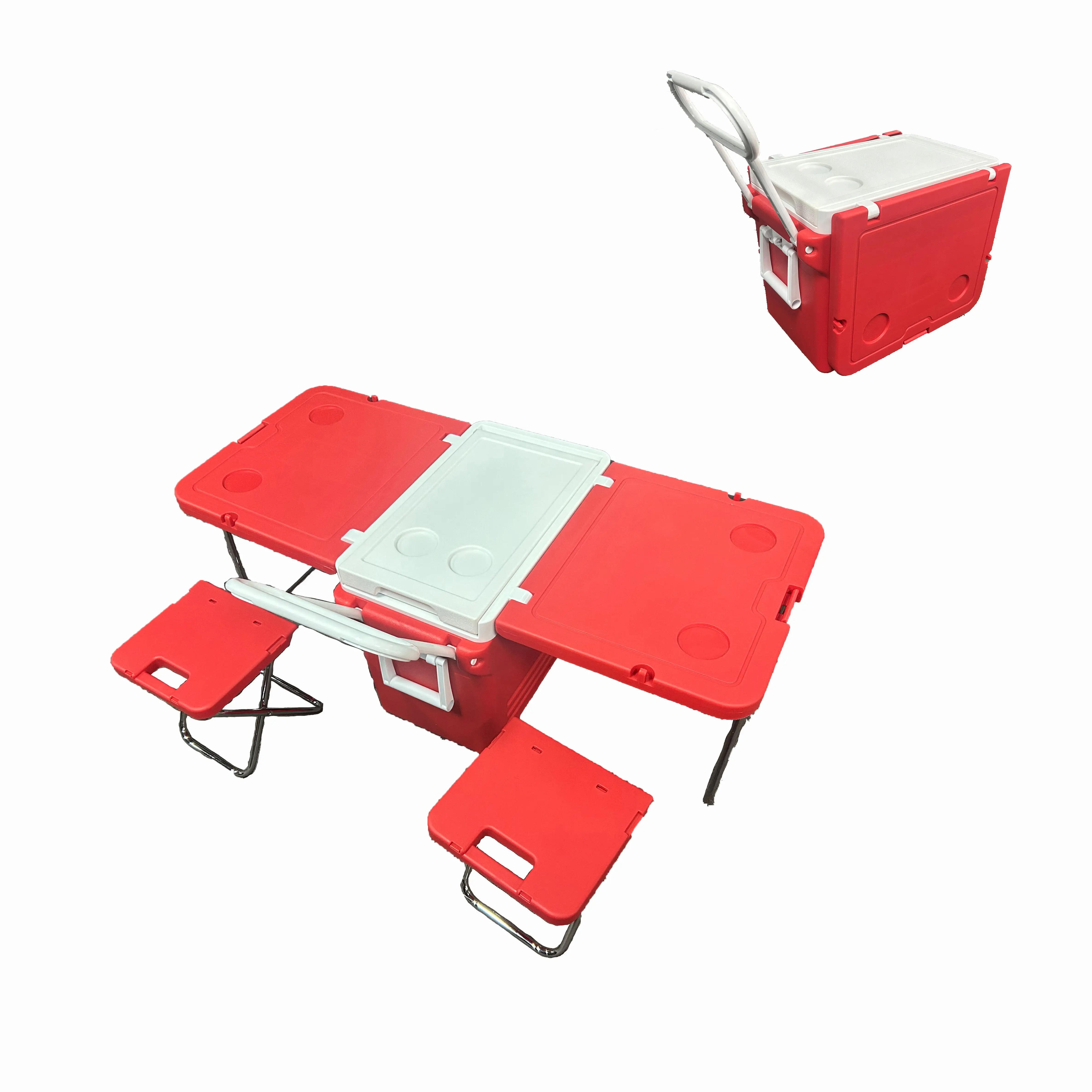 Большой изолированный портативный охладитель льда, многофункциональный холодильник для пикника, кемпинга, со столом и стулом, жесткий охладитель с колесом