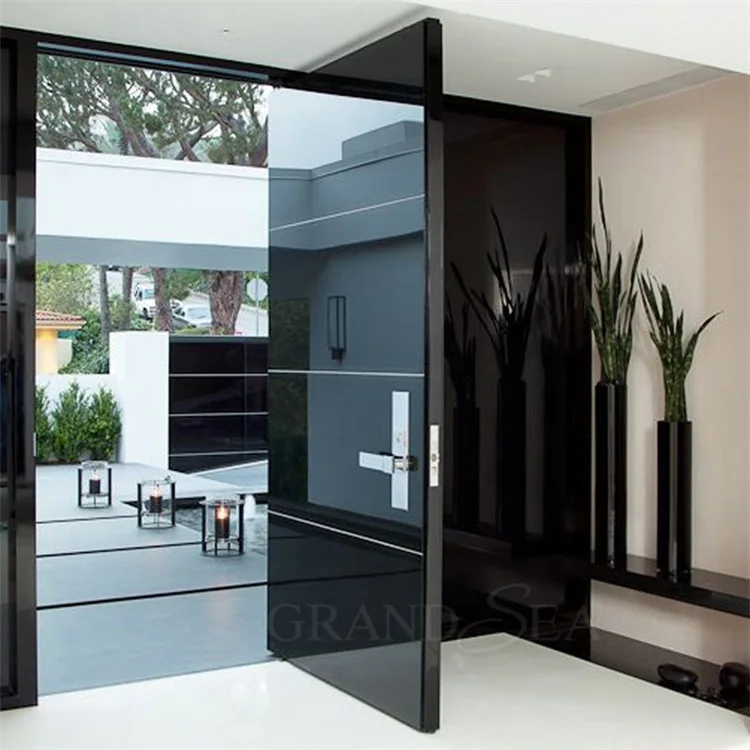 Black High Glossy High Quality Design Internal Front Exterior Main Modern Glass Metal Stainless Steel Pivot Door