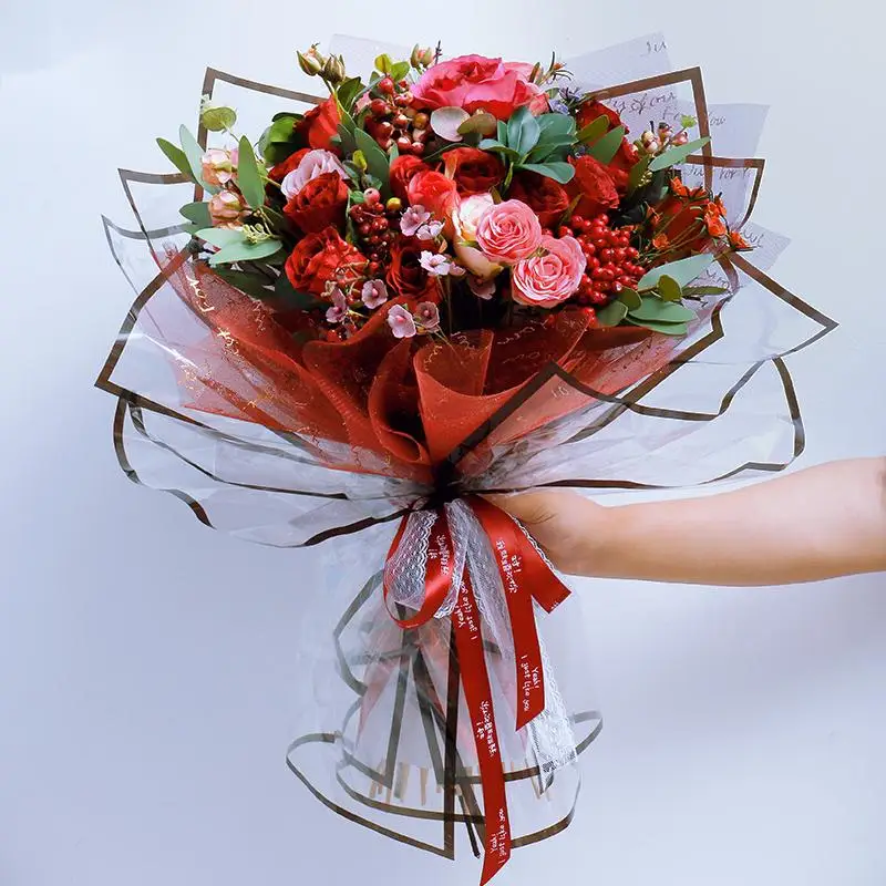 Classical 58*58cm/pcs Colorful Frame Edge Printed Waterproof OPP Plastic Flower Wrapping Paper Korean Paper for Florist Wrapper