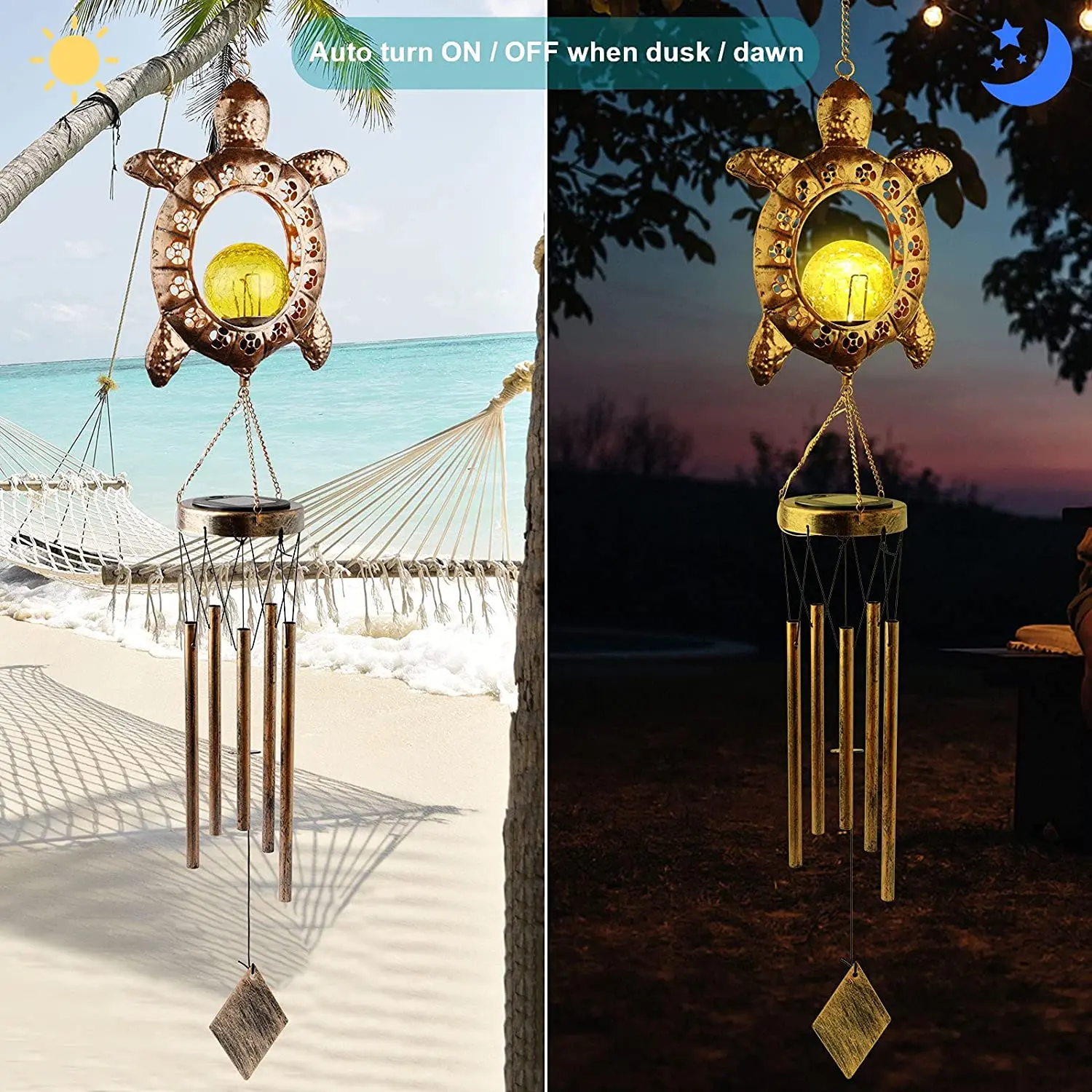 Sea Turtle Metal Retro Copper Led Solar Memorial Musical Sympathy Wind Chimes Light with Crackle Glass Ball for Garden Patio