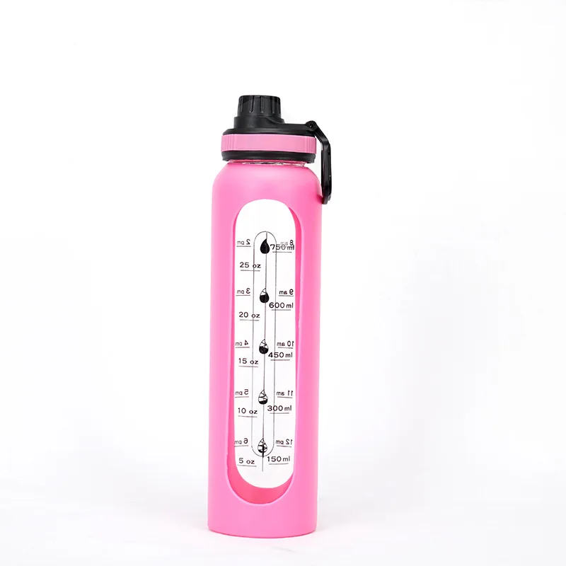 Hot Sell Personalized BPA Free Eco Friendly Nice Clear Iridescent Girl Glass Water Bottles with Silicone Sleeve Time Marker