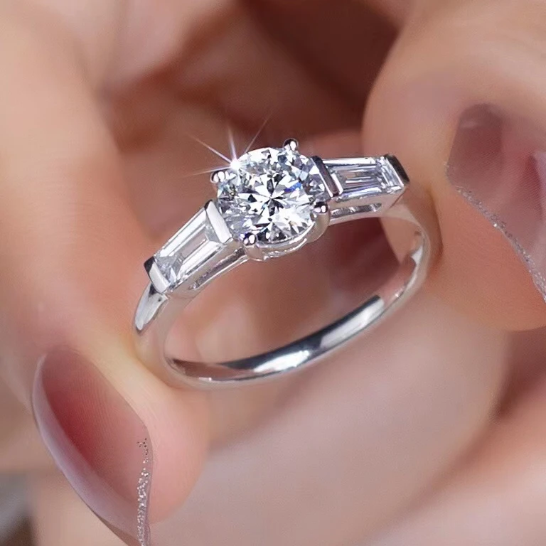 Four Prong Ring Side Edge with Emerald Cut Lab Created Diamond 18k Gold CLASSIC HY Round White Gold Engagement Bands or Rings