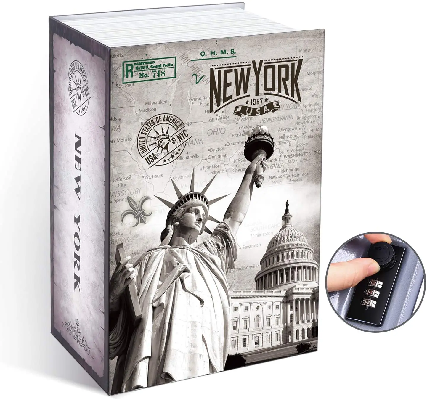 A metal book safe for most purposes with a combination lock a safe box for storage a secret safe which can store coins