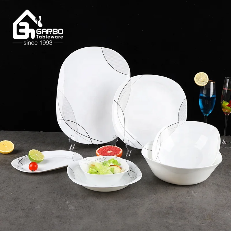 Square shape opal glass dinnerware 11 inch flat food plate white opal glass dinner set plate with simple line decor dining plate