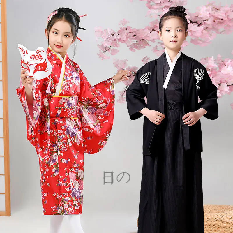 Traditional Yukata Floral Printed Children Stage Performance Costume Japanese Girl Kimono Dresses