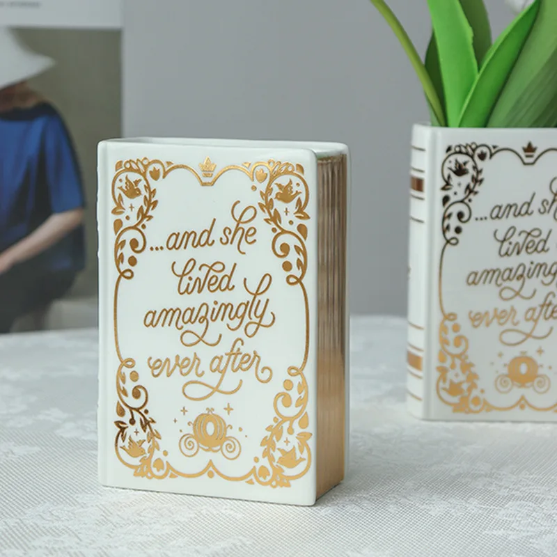 Custom Wholesale Nordic Gold Painted Ceramic Book Shaped Flower Vase for Home Decor