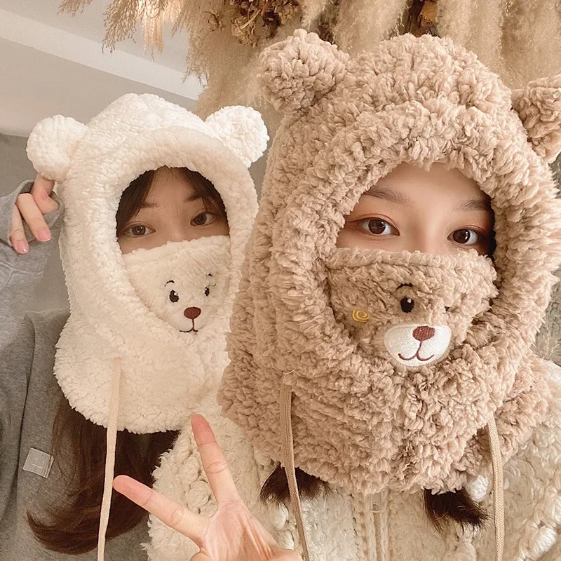 Cute Cartoon Bear Ear Lamb Winter Hats with Mask Warm Thickened Ear Protection Balaclava Caps
