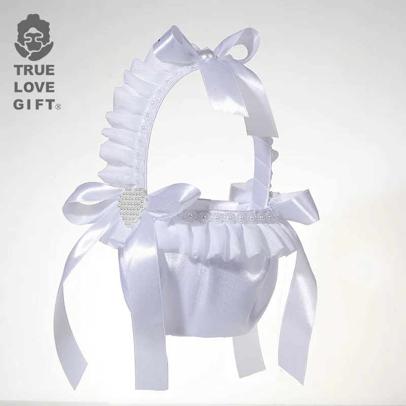Western Style New Small Flower Basket Wedding Handheld Flower Basket Pure White Decoration Pearl Fabric Flower Basket