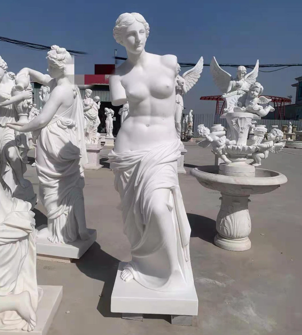Outdoor Hand Carved Natural Stone White Nude Woman Marble Venus Statue