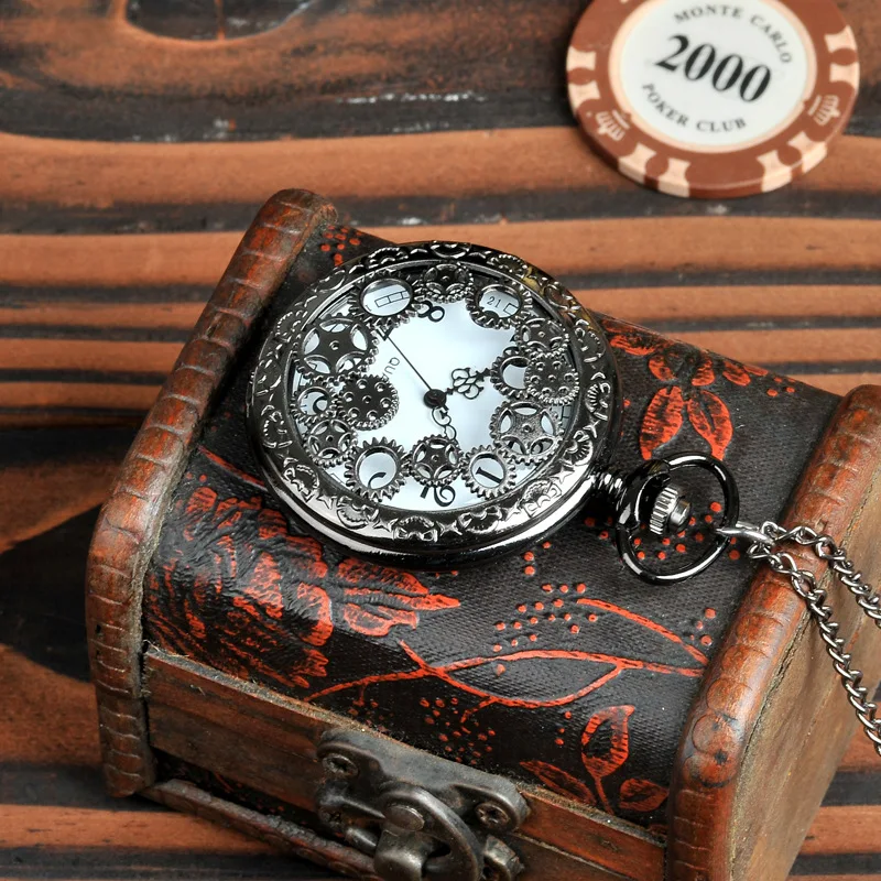 New Unisex Antique Case Vintage Retro Elegant Brass Rib Chain Gear Pattern Quartz Pocket Watch for Daily Party
