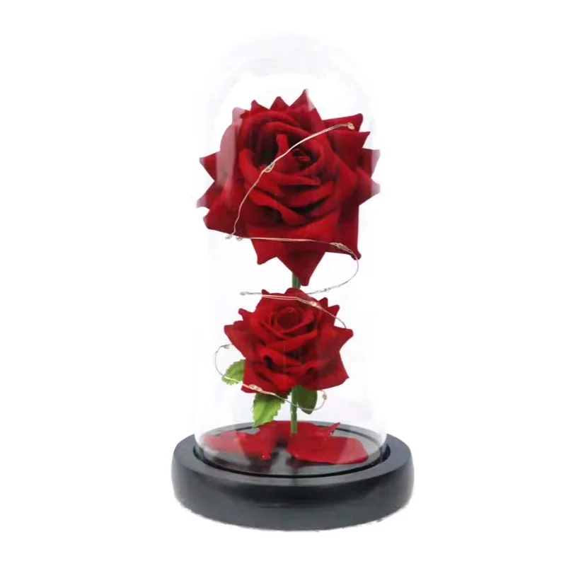 Customized Mothers Day Gifts Beauty Beast Belle Led Red Real Eternal Flower Preserved Roses in Glass Dome