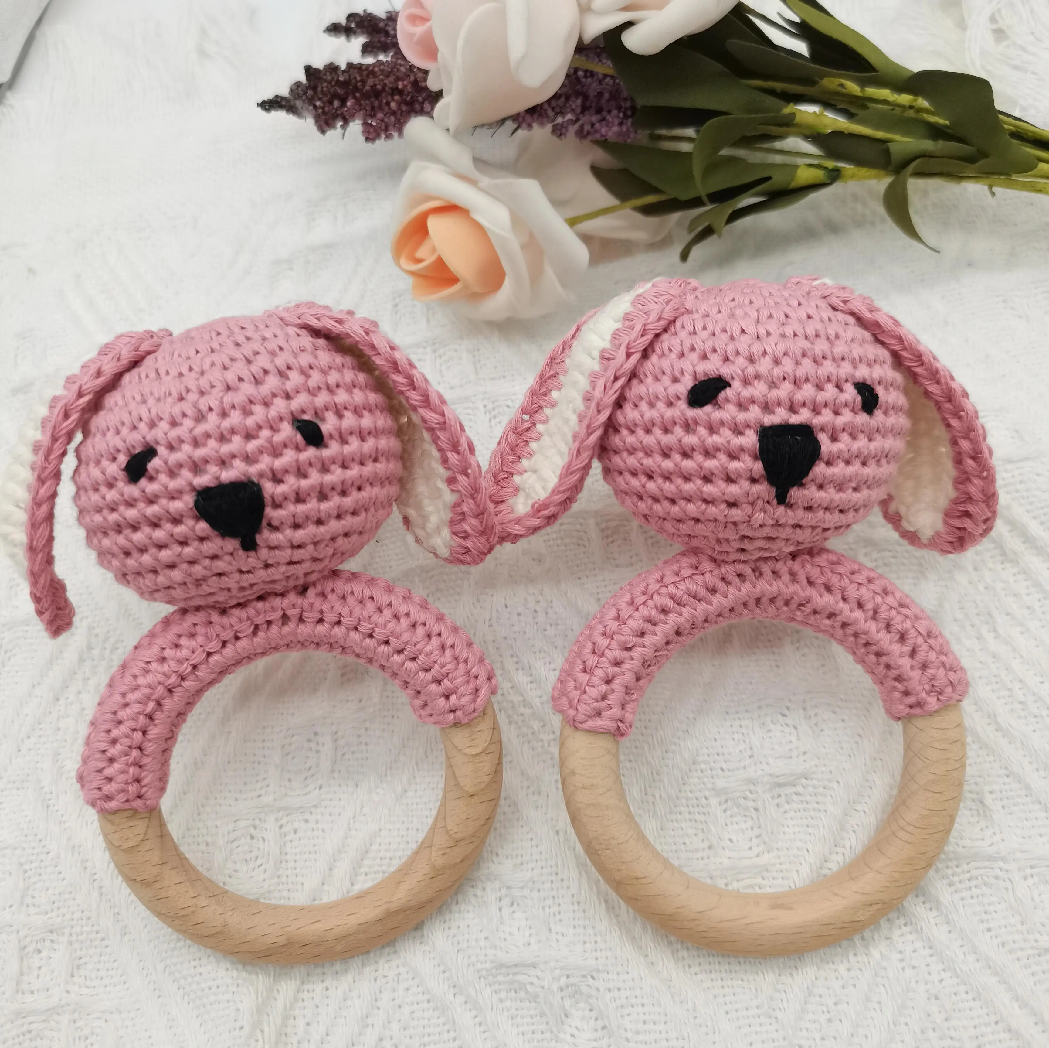 Custom Handmade Crocheted  Cute Lovely Polar Bear Teether Rattles Toys for kids birthday Gifts