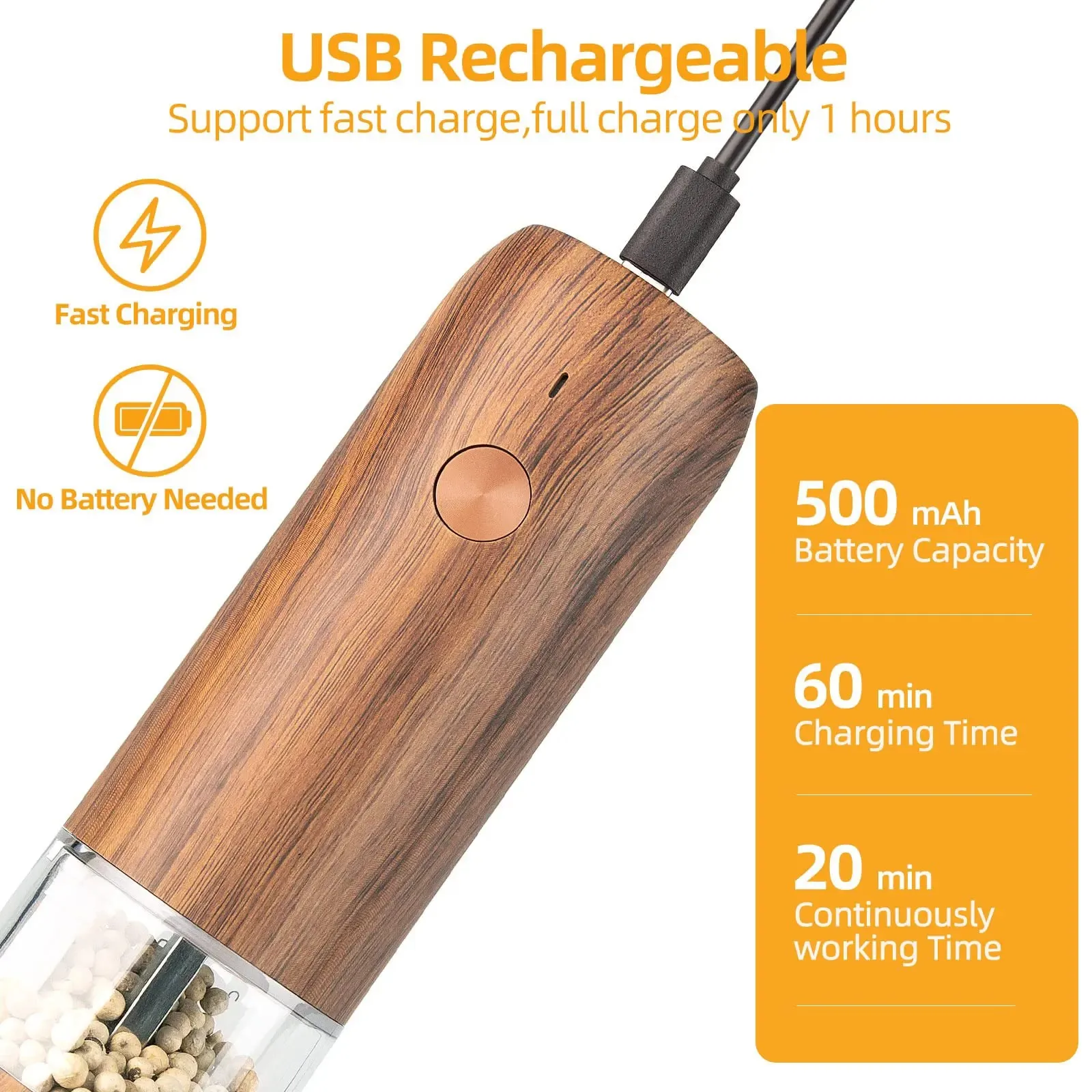Wholesale Environmental Protection Electric Pepper Grinder USB Rechargeable Wood Grain Automatic Salt and Pepper Grinder Mills