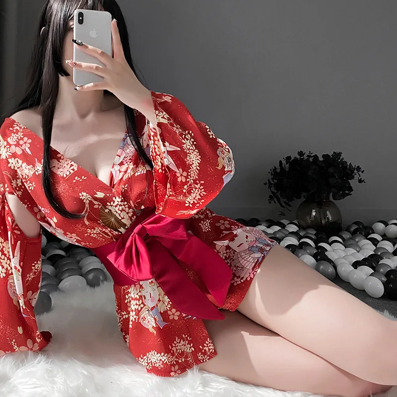 Hot Sale Women Japanese Geisha Sakura Obi Belt G-string Lingerie Erotic Hot Sex Red Satin Kimono Sexy Costume Set