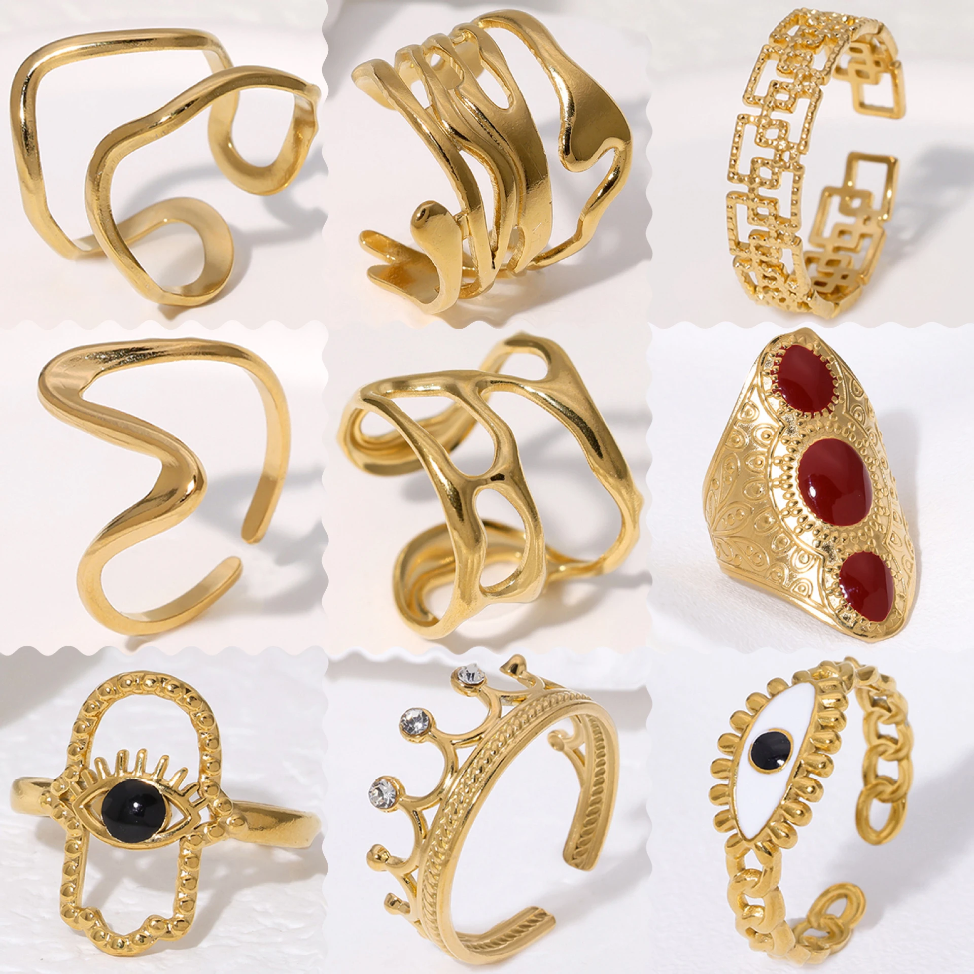 Vintage Stainless Steel 18K Gold Irregular Wings Butterfly Eye Ring Flower Exaggerated Snake Open Adjustable Ring For Women Gift