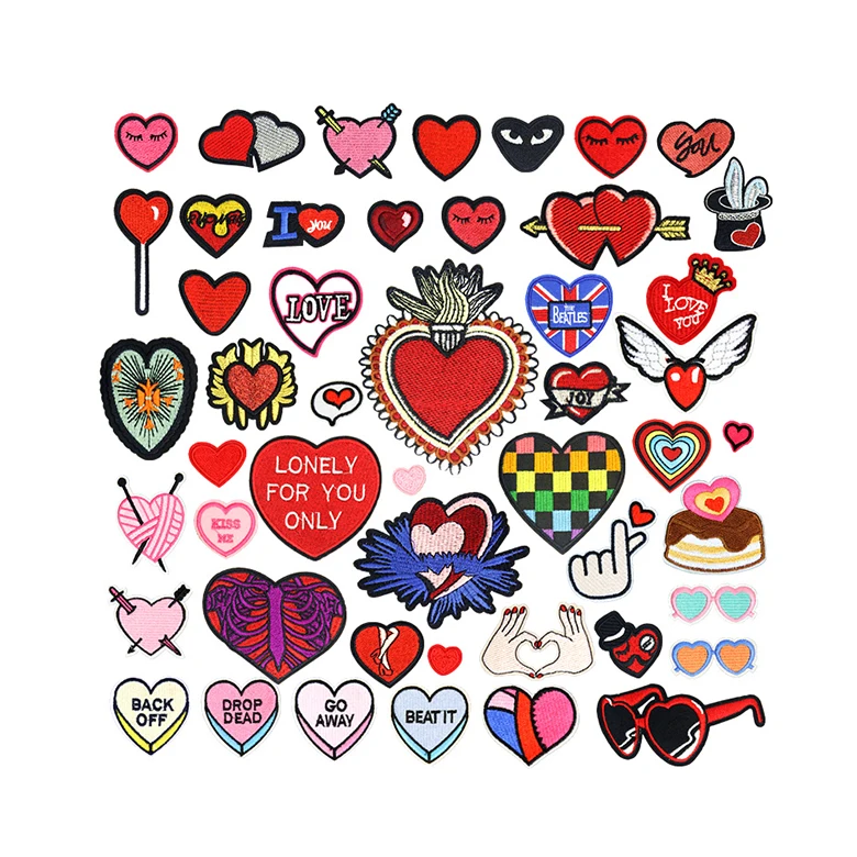 Bulk Wholesale Personalized Fabric Embroidery Heart Shaped Sewing Patches For Clothing Embellishments
