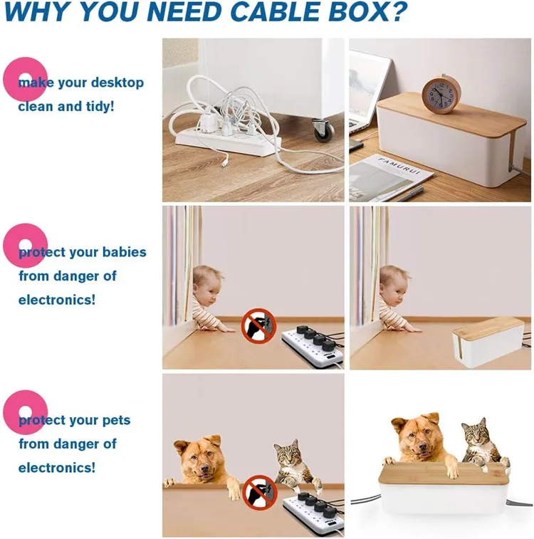 Home Cord Power Stripe Surge Protector Wire Cover Hider Plastic Large Storage Cable Management Box With Bamboo Lid For Desks