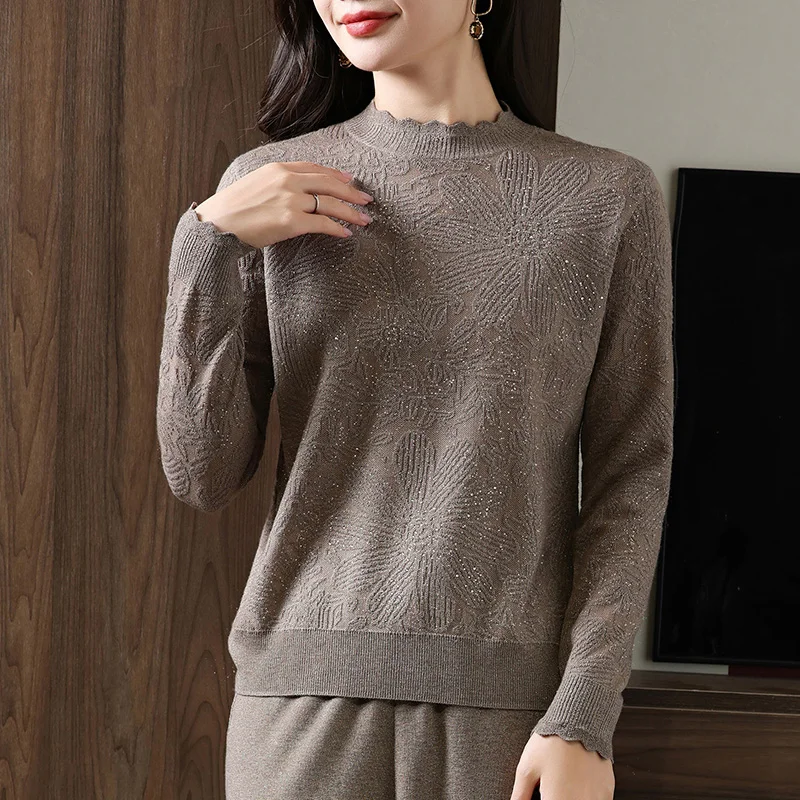 Bright Silk Sunflower Diamond Lace Collar Small Shirt 24 Autumn and Winter New Worsted Wool Ladies Knitted Blouse