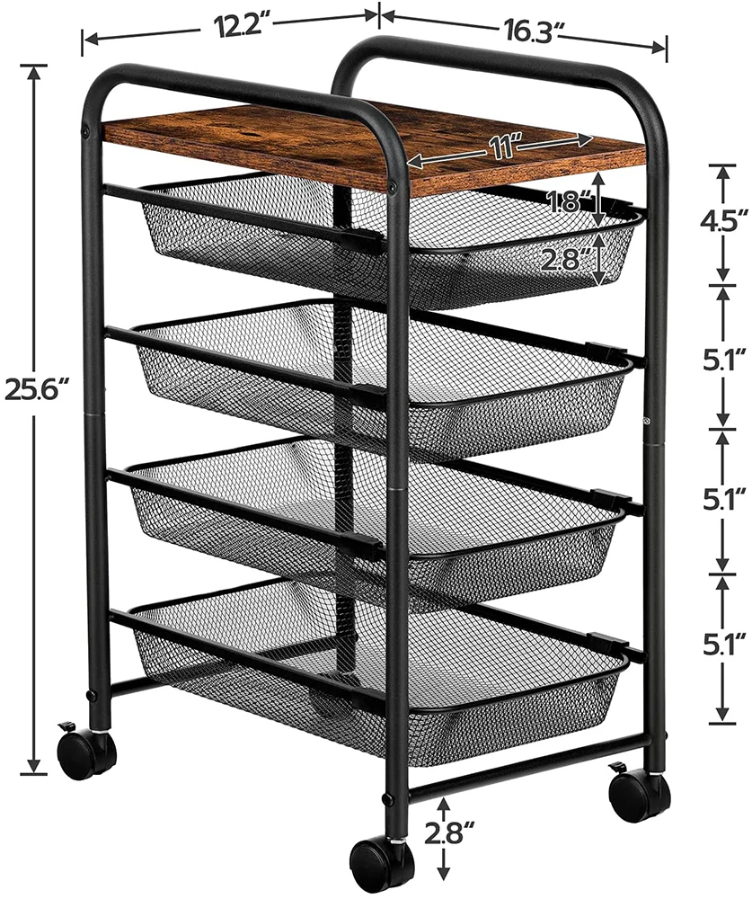 4-Tier Rolling Cart, Kitchen Cart on Wheels, Storage Cart with Lockable Wheels and Durable Steel Mesh Construction