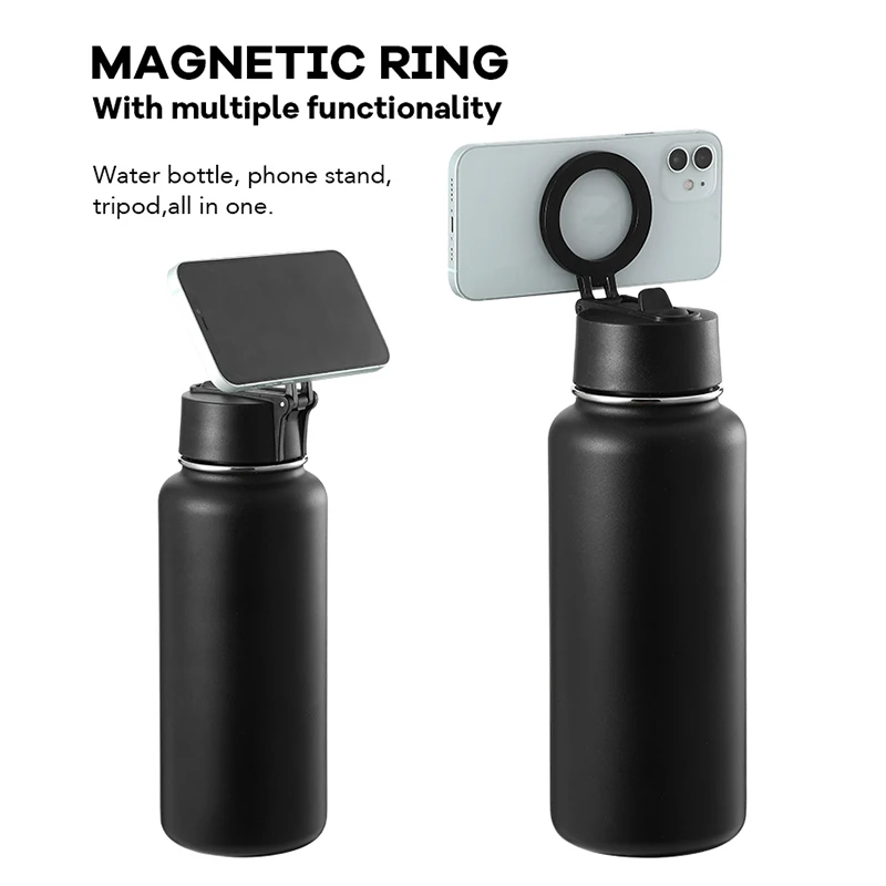 Sport insulated Magnetic Water Bottle with Phone Mount and Tripod for iPhone Gym Outdoor-Stay Cold Sports Bottle (Black)