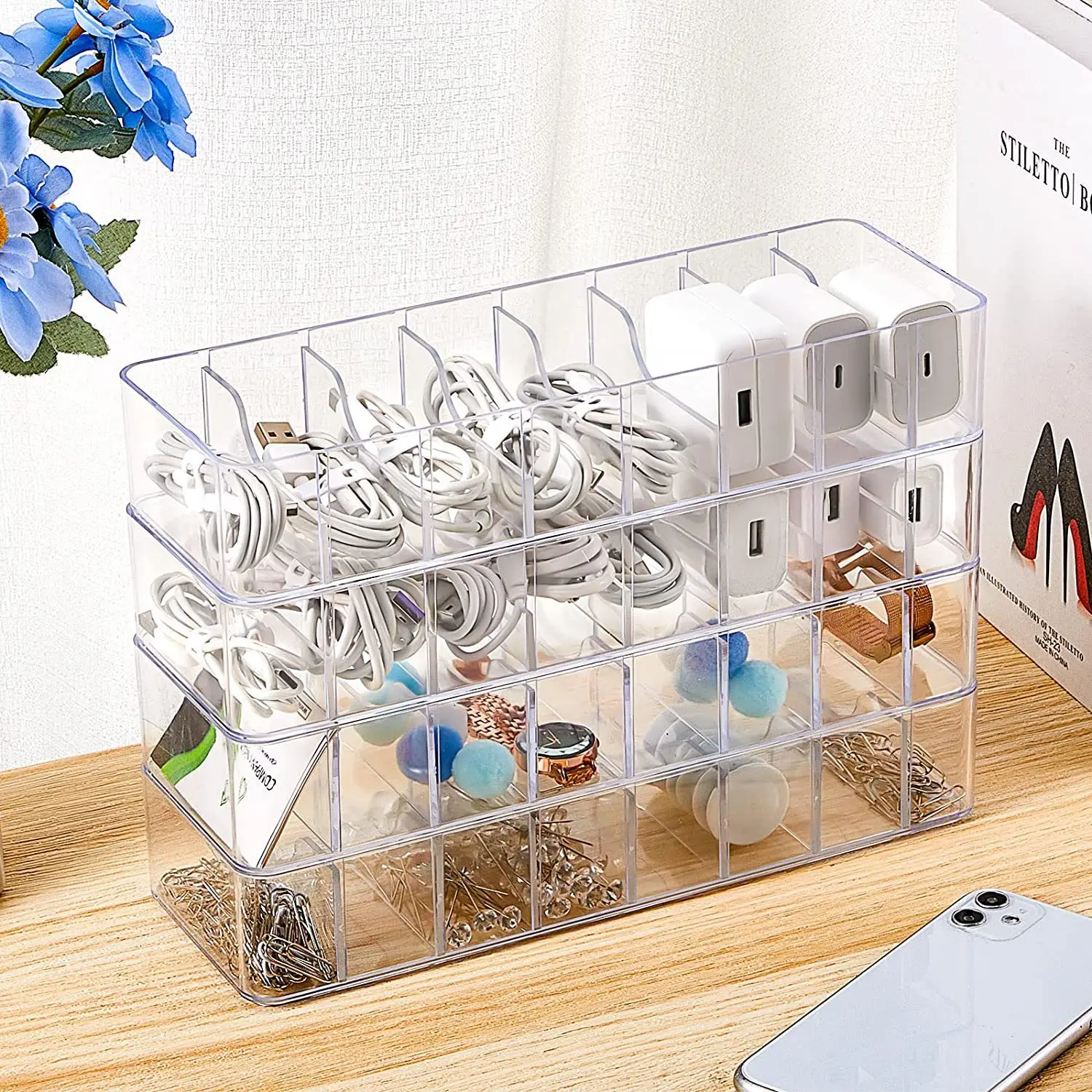 2024 Modern Square Desktop Organizer Box Glossy Plastic Mobile Phone Charging Data Cable & Power Wire Storage Square Shape