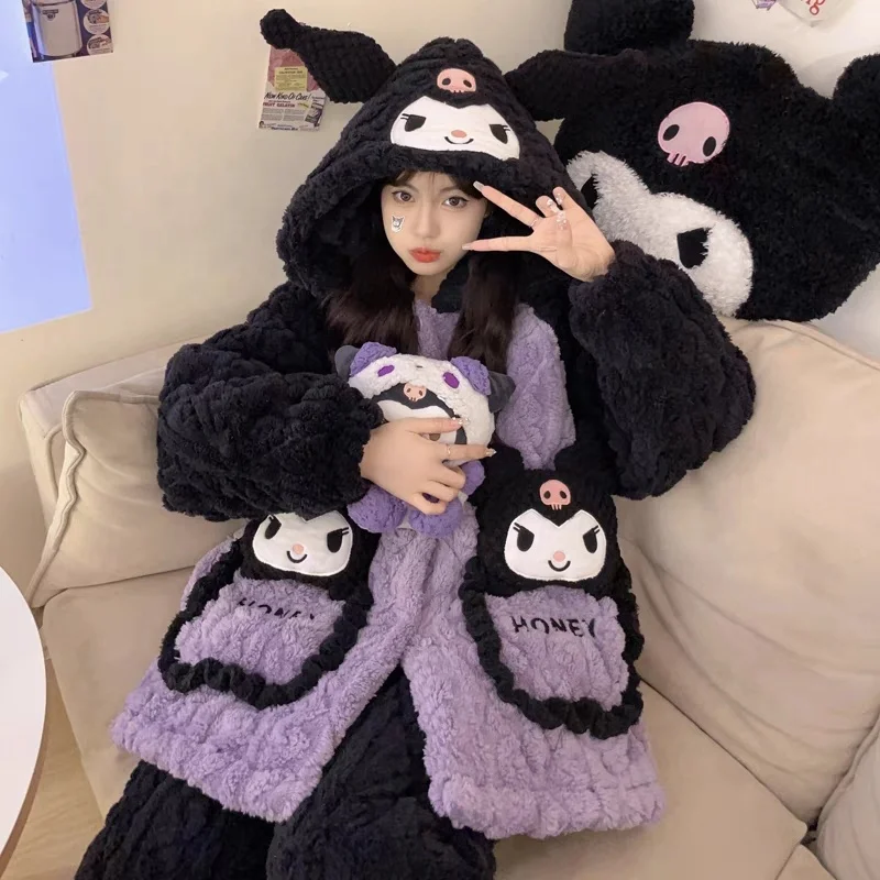 Wholesale pajamas for women in winter plush and thick  cute girl cartoon coral velvet hooded home clothing