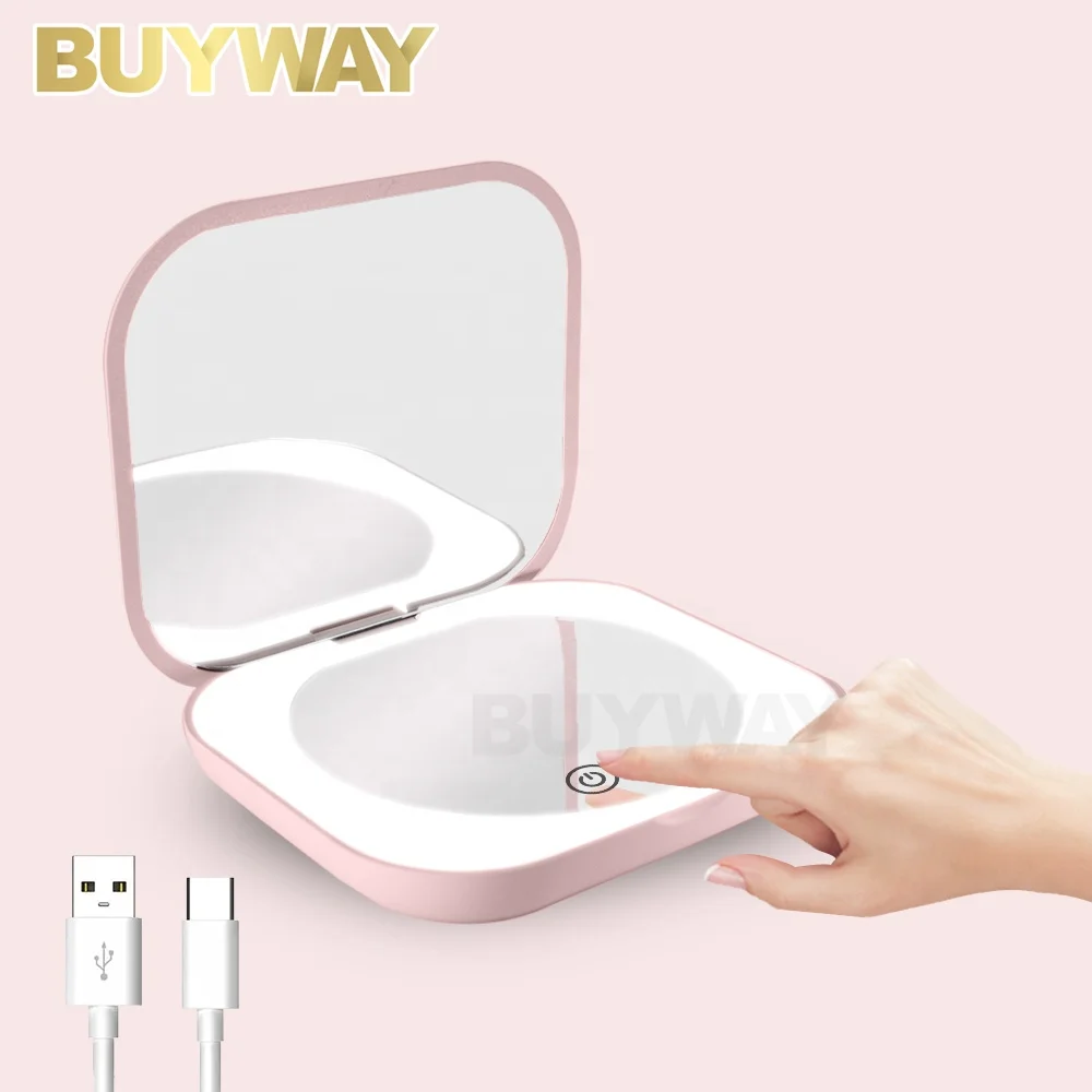Travel Rechargeable Custom Logo Foldable Portable Handheld Led Light Cosmetic Mirror Espejo Smart Touch Screen Make Up Mirror
