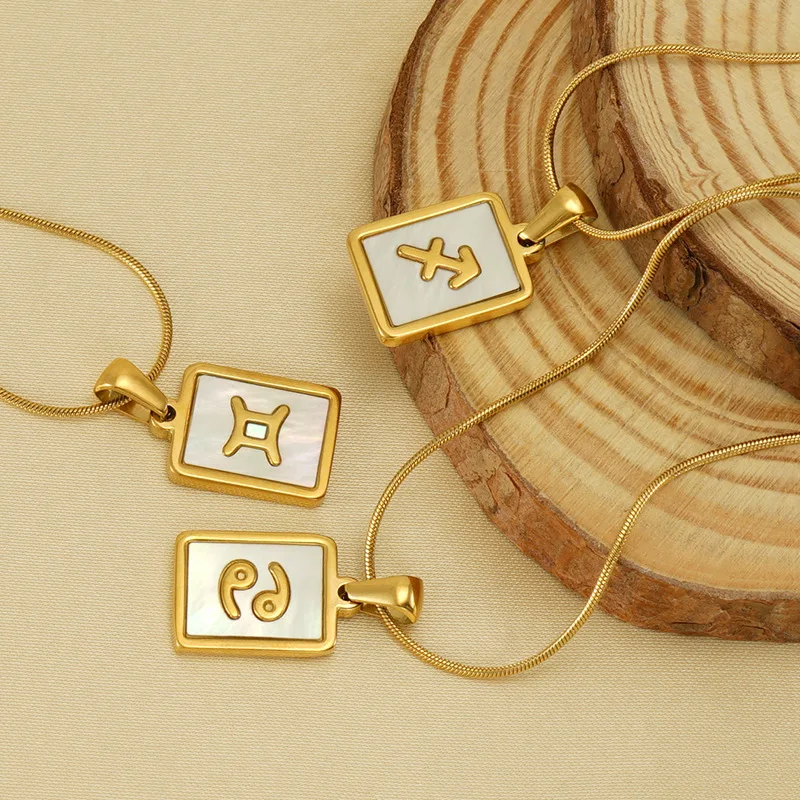 18K Gold Plated White Natural Shell Snake Chain Necklace Stainless Steel 12 Zodiac Pendant Horoscope Constellations Necklace