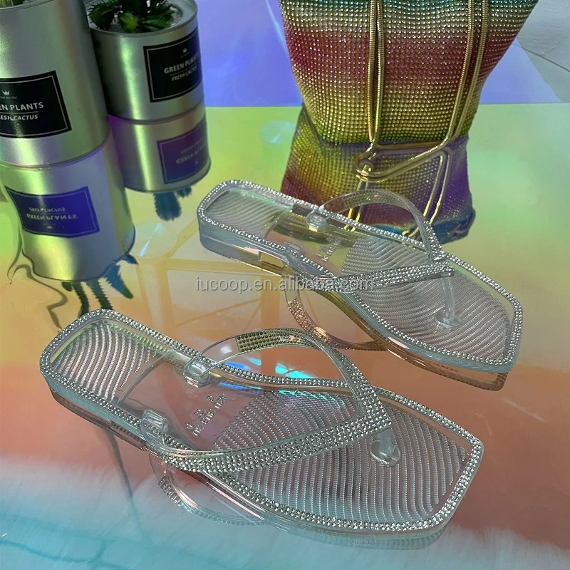 Hot selling rhinestones Crystal Jelly sandals Multi color slides slippers for women ladies candy color flat sandals Flip flops