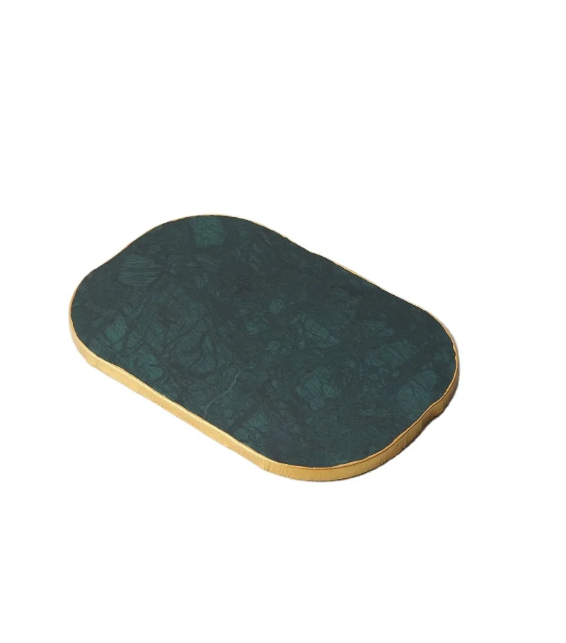 Hotel  Multifunctional green rectangular marble tray with gold rim jewelry decoration tray
