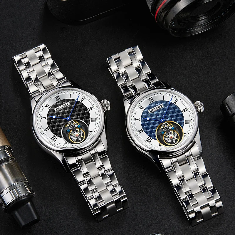 Jinlery Fashion Tourbillon Watch for Men Mechanical Hand Wind Wristwatch Men Watch Luminous Flywheel Watches Relogio Masculino