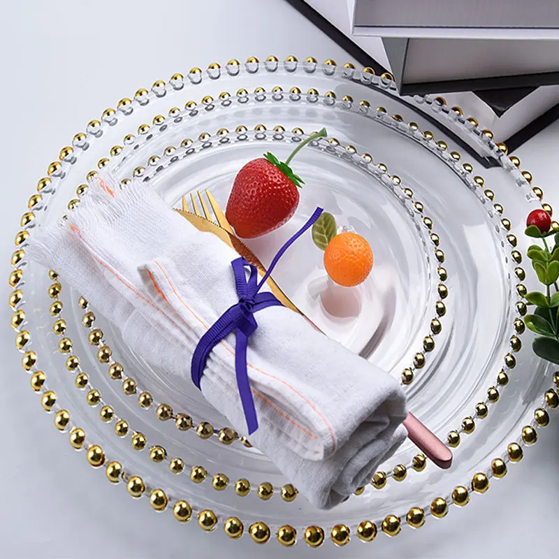 European Crystal Glass Plate With Gold Bead Trim Household Tableware Set for Banquet Steak Dessert
