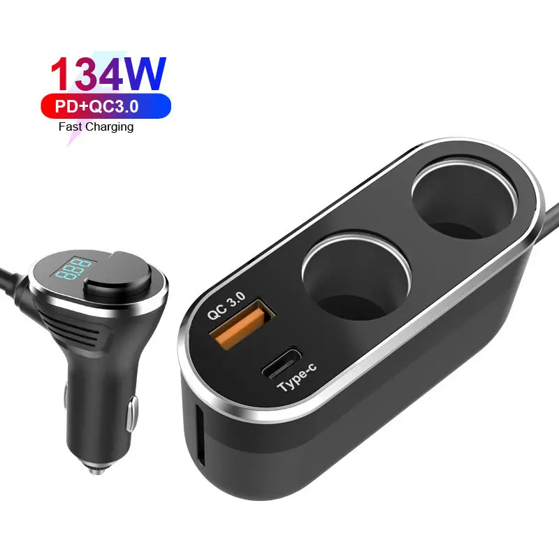 12V/24V 2-Socket 80W DC Power Car Cigarette Lighter Socket Panel Splitter with QC 3.0 Fast Charge