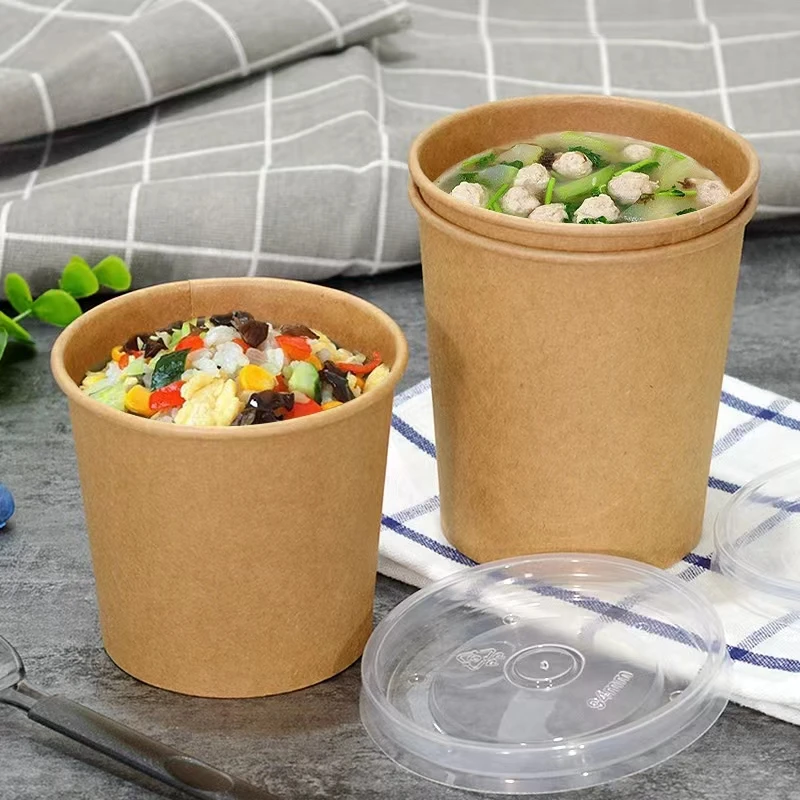 8oz Disposable Food Container Brown Kraft Paper Soup Bowl with Lid Microwave Noodle Paper Bowl