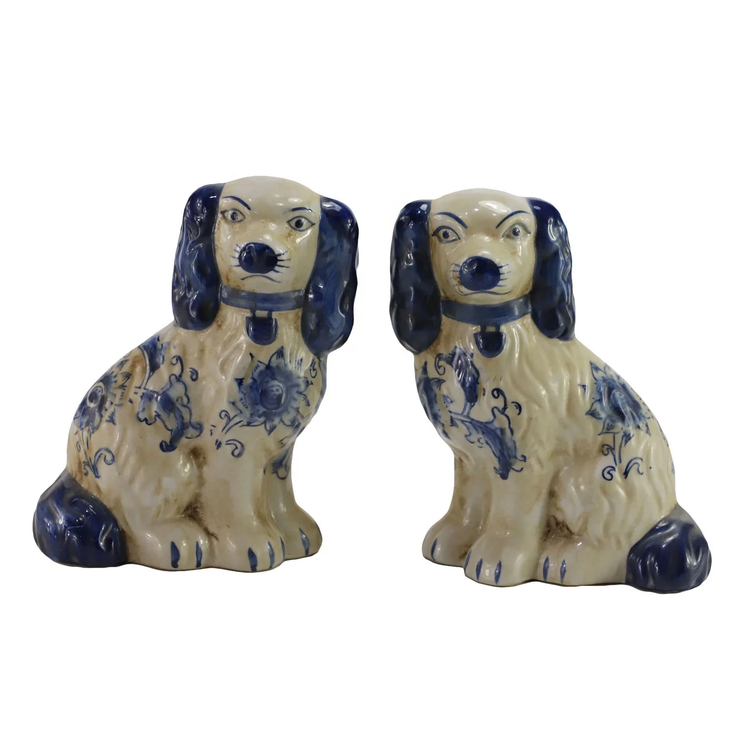 Synwish Factory Modern Staffordshire Reproduction King Charles Spaniel Blue and White Foo Dog Pair Small Ornament Figurines
