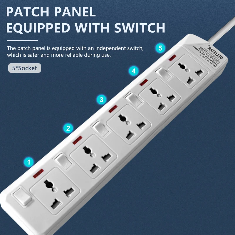 Universal socket white 5 outlet smart power strip 2m cable desktop individual switch extension board extension socket