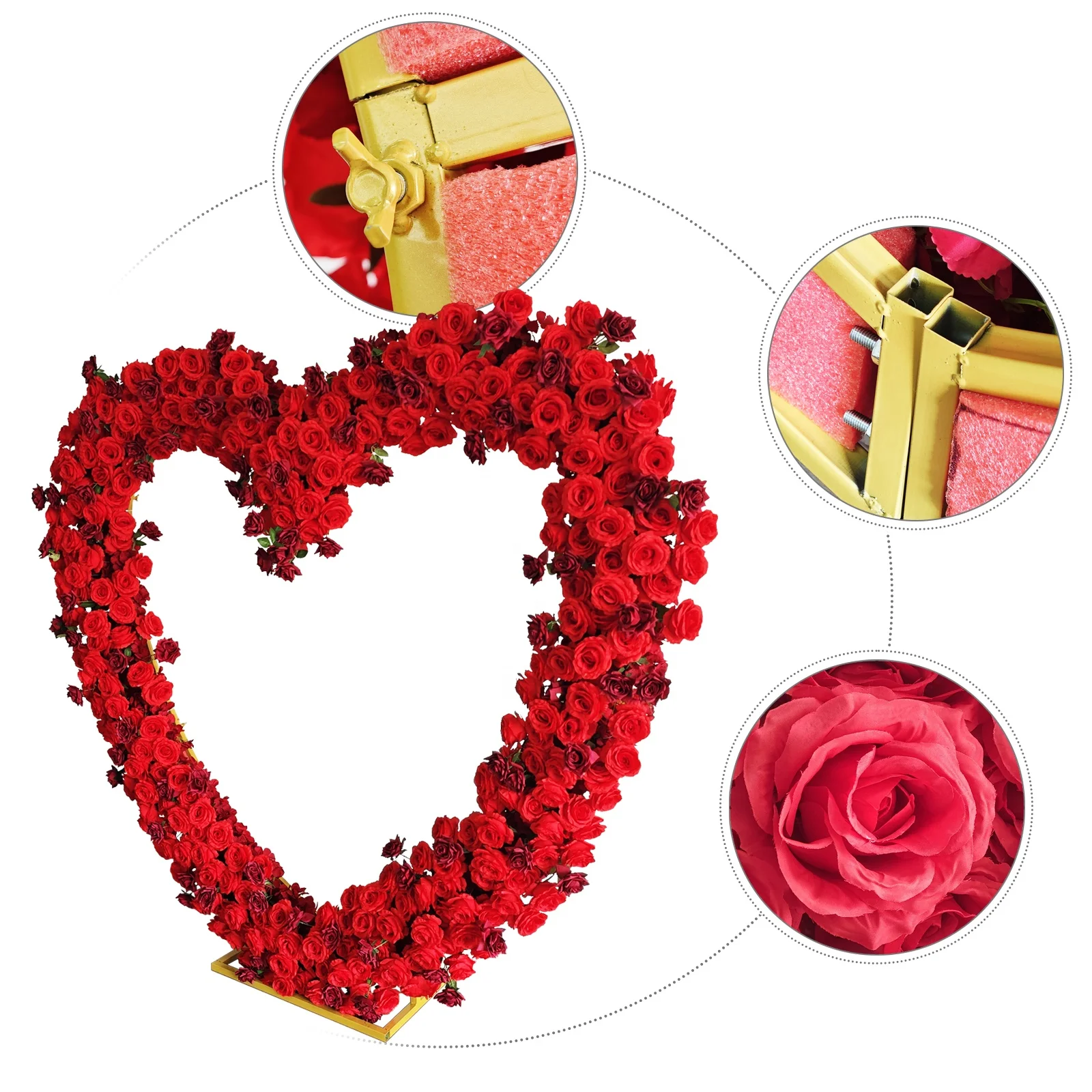Modern Red Rose Heart Shaped Arch Stand Artificial Flower Panel Set Row Floral Arrangement Backdrop for Wedding Event Decoration