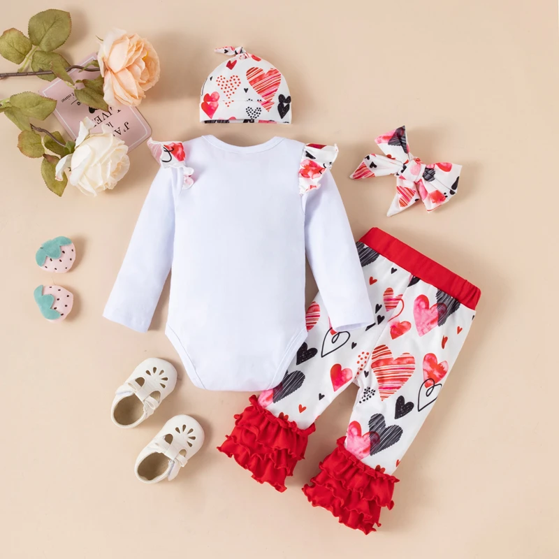 Fall 100% Cotton Newborn Boutique Clothes 1st Valentine Kid Outfits Baby Girl Clothing Sets Infant My First Valentines Day Gift