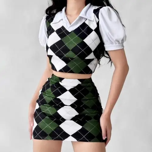 fashionable clothes women Slim Two Piece Dress Set plaid green fake two piece