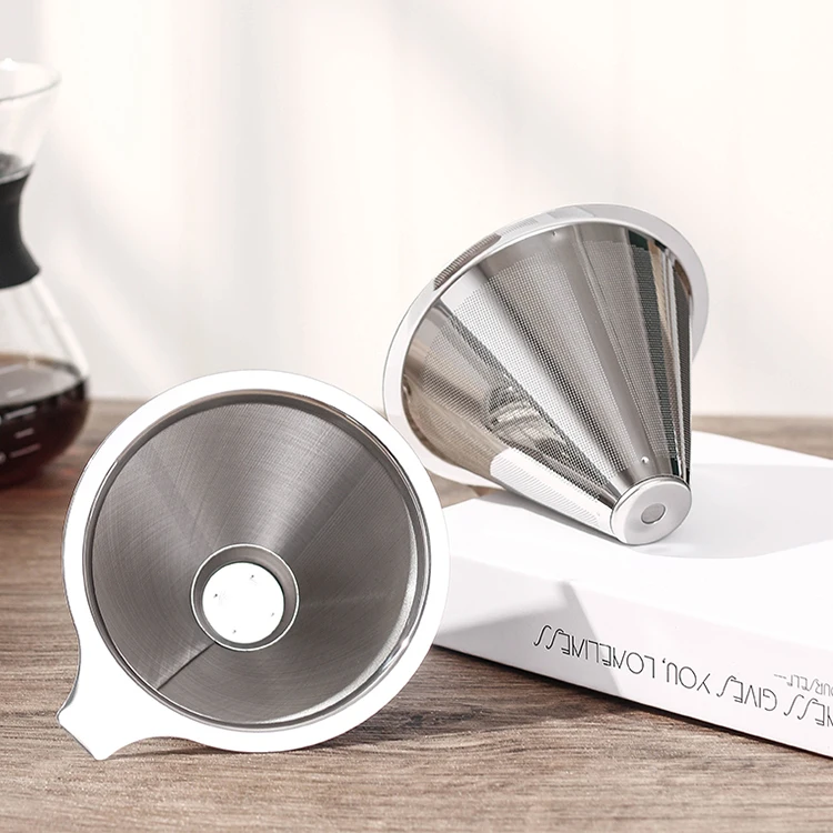 
304 Stainless Steel Mesh Cone Shape Cold Brew Coffee Dirpper Large Handle Kahve Filtre Reusable Silver Coffee Filter for 4 Cups 