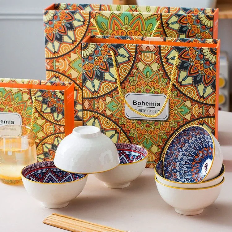 Colorful printed under glazed kitchen 2 4 6 pcs rice soup 3.5 inch serving ceramic porcelain bohemia bowls set